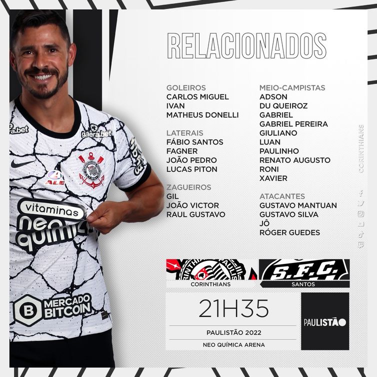 Corinthians - relacionados para primeiro clássico no Paulistão 2022 contra o Santos