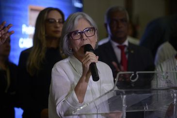 A curadora da Casa da Democracia, Maria Lúcia Jardim durante o lançamento da pedra fundamental virtual do centro cultural que futuramente vai ocupar prédio histórico do Palácio Tiradentes